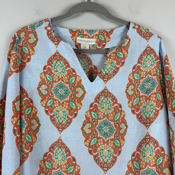 Cynthia Rowley Top Women 1X Blue Orange Medallion Print Split Neck Boho Tunic - Picture 2 of 9